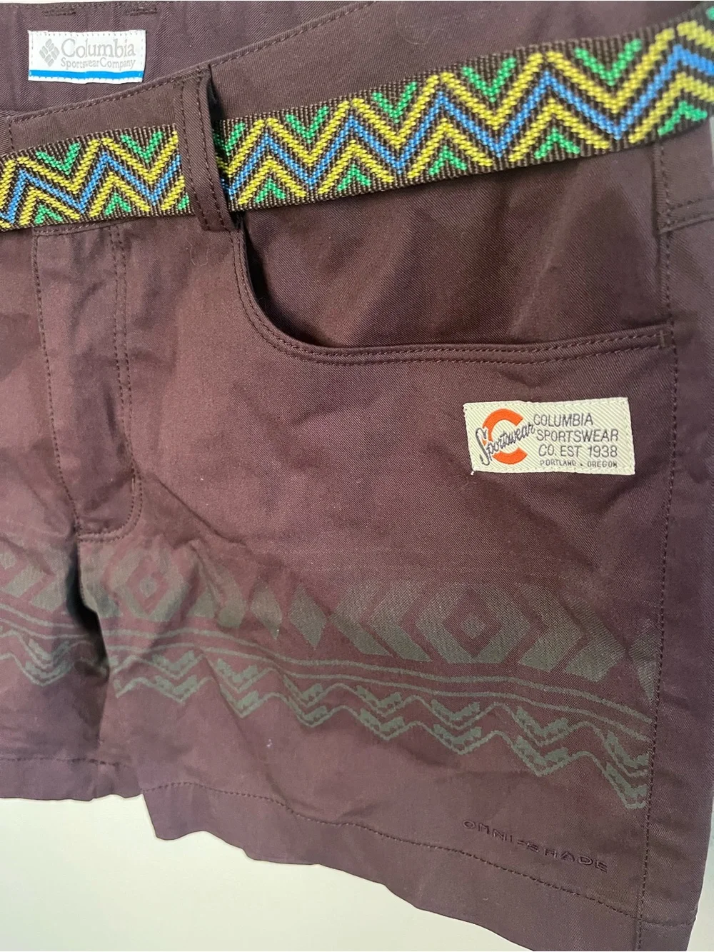 Columbia‎ Vintage Aztec Hiking Shorts Purple Omni-Shade Belted Womens 28